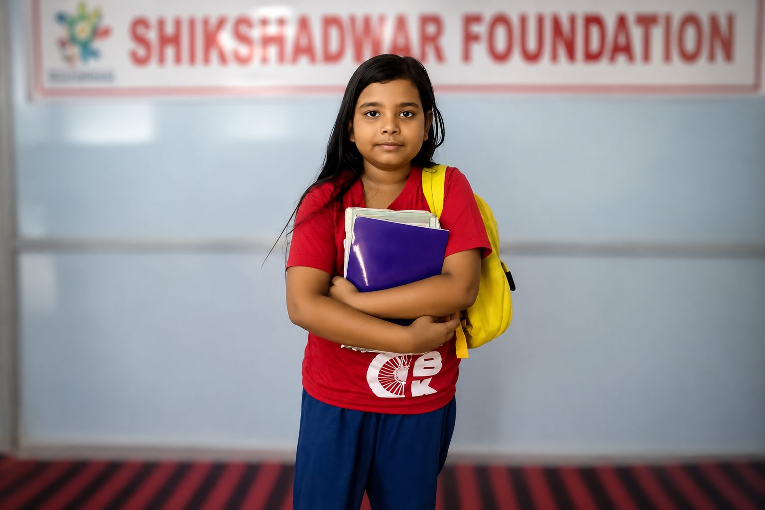 A student at a Shikshadwar education centre holds her schoolbooks in front of the Shikshadwar Foundation banner