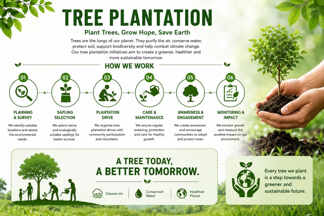Shikshadwar's Tree Plantation infographic: a six-step 'How We Work' pathway — Planning & Survey, Sapling Selection, Plantation Drive, Care & Maintenance, Awareness & Engagement, and Monitoring & Impact — under the banner 'A tree today, a better tomorrow.'